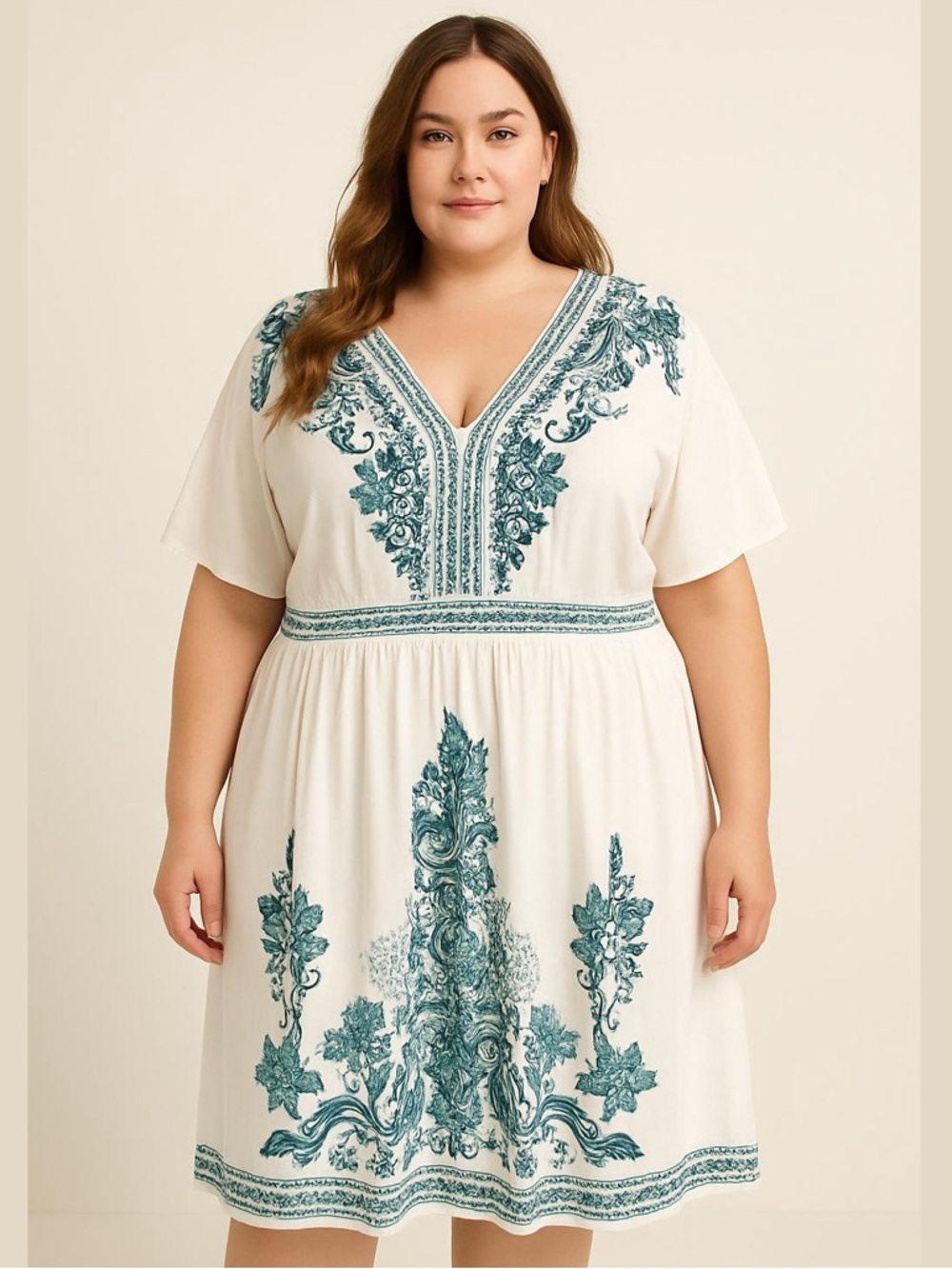 BloomChic White Dress with Green Paisley Print